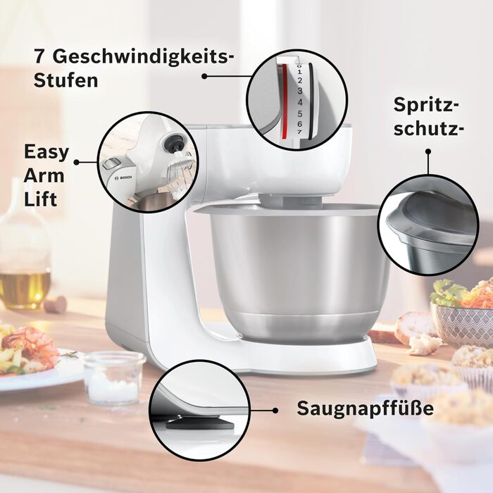 Кухонний комбайн Bosch Serie 4 MUM58W20, 1000 Вт, 3,9 л, міксер 1,25 л, планетарне змішування, насадки з нержавіючої сталі, білого/сріблястого кольору