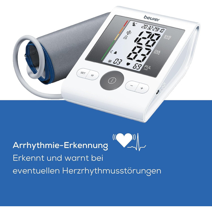 Тонометр Beurer BM 28 на плече з визначенням аритмії та кольоровим індикатором ризику, з контролем положення манжети, для обхвату плеча 22-42 см