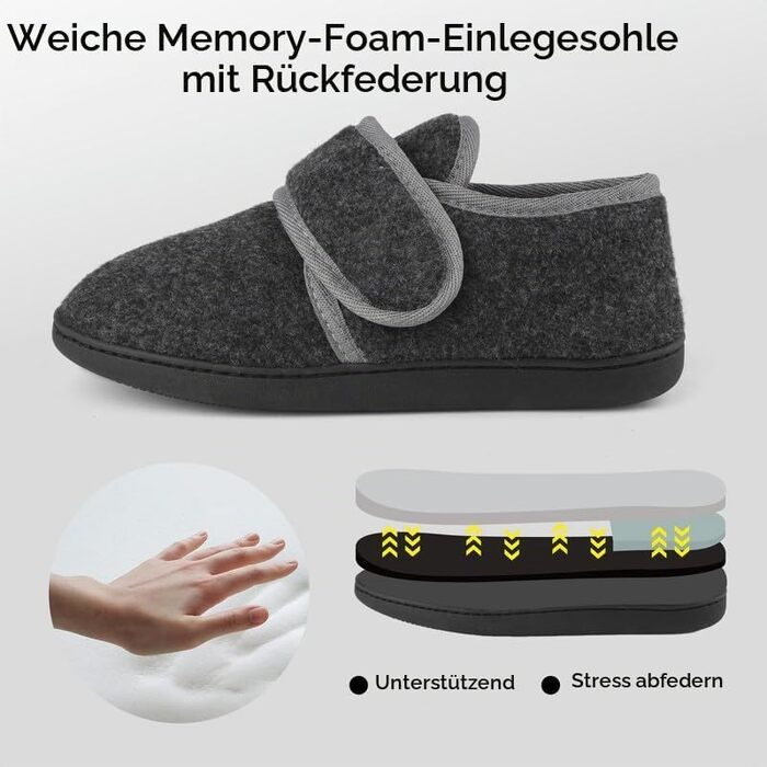 Чоловічі теплі домашні капці TIESTRA з ефектом пам'яті Memory Foam, флісові тапочки для літніх людей з широкою колодкою та застібкою-липучкою, чорні (42 EU)