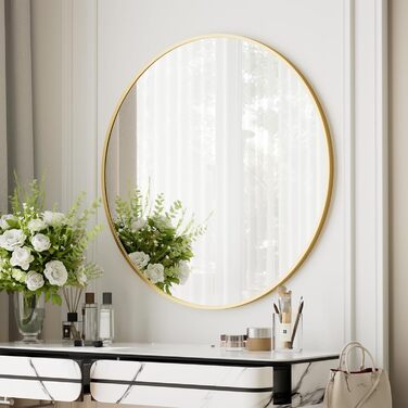 BEAUTYPEAK Дзеркало кругле 60 см з декоративним алюмінієвим каркасом, безпечне для ванної кімнати, для спальні, вітальні (106x106 см, золото)