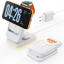 GEEKERA 3-в-1 Магнітна бездротова зарядка Powerbank 5000mAh: для iPhone 17/16/15/12, Apple Watch, AirPods, Samsung Galaxy (Білий)
