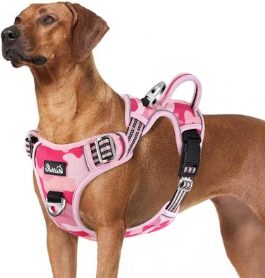 Нашийник для собак великих порід, шлейка з двома карабінами та зручною ручкою, регульована та світловідбиваюча, для щоденних тренувань (L), камуфляж рожевий