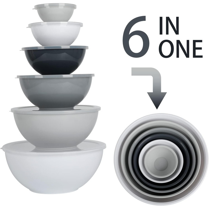 Набір мисок для перемішування BoxedHome з кришками, 12 штук. Пластикові миски для салату, неслизькі, стекові сервіровочні миски для кухні (6 мисок та 6 кришок, білий сірий)