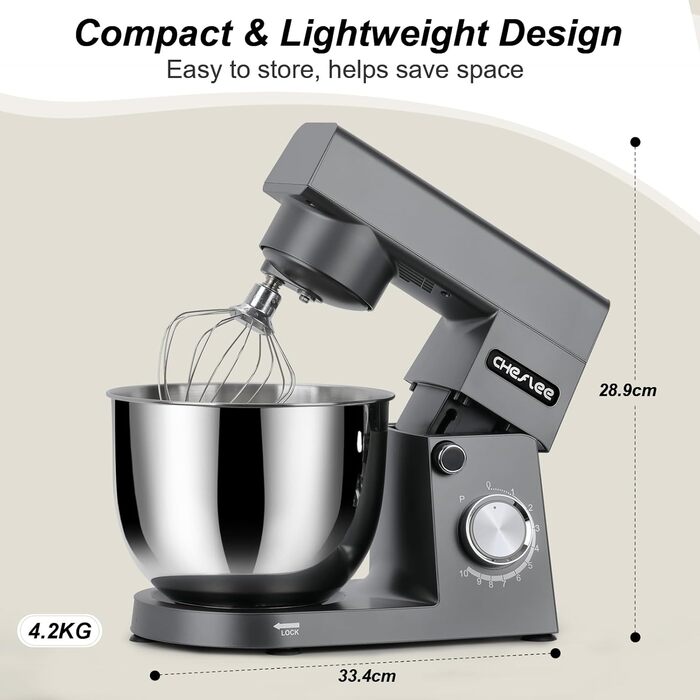Кухонна машина Cheflee 1500W з місткими чашами 4.5 та 5.5л з нержавіючої сталі, 10+ швидкостей, набір насадок (міксер, гак для тіста, вінчик, захист від бризок) (Darkgrey)