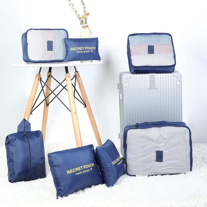 Органайзер для валізи AiQInu, набір 7 шт: кубики для пакування, органайзери для подорожей, сумки для одягу та взуття, темно-синій, одиночний