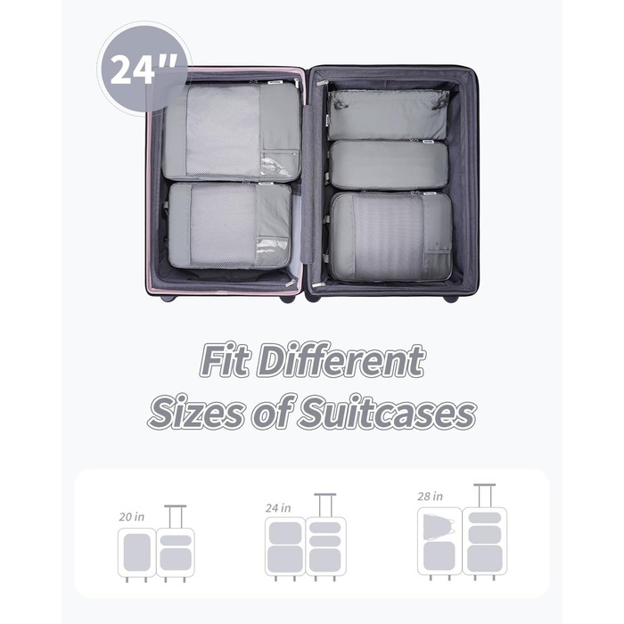 Narwey Набір з 5 органайзерів для валізи, компресійні кубики для подорожей, сірий