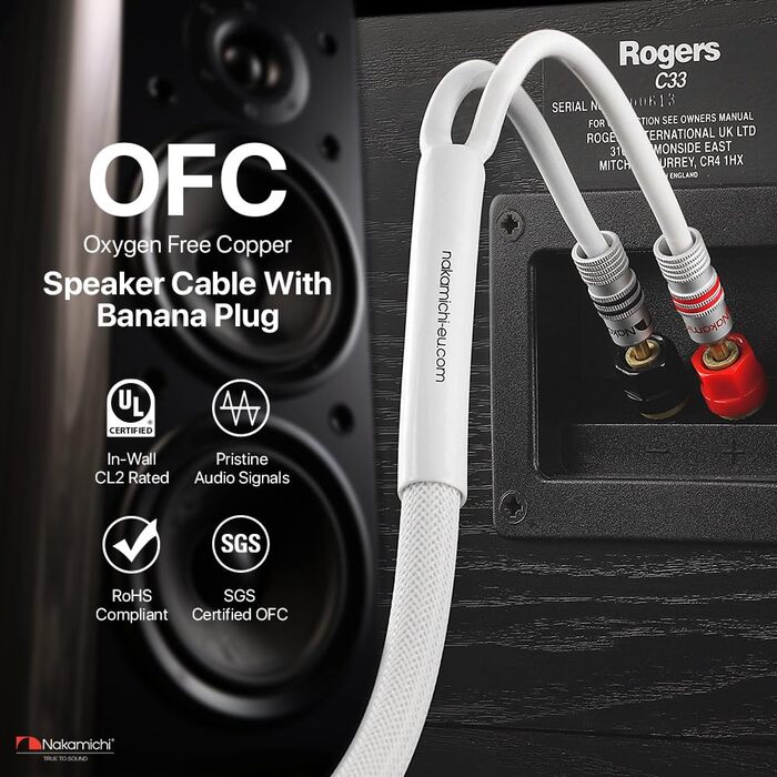 Акустичний кабель Nakamichi 12AWG з позолоченими банановими роз'ємами 24K, 3 метра, безкисневий мідний провід (OFC) в обплетенні, чорний — для домашнього кінотеатру та підсилювача