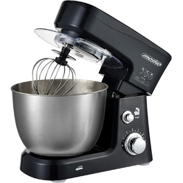 Кухонна машина Mesko MS 4217, 3,5 л, 1200 Вт, 6 швидкостей, нержавіюча сталь, міксер для тіста, вінчики, захист від бризок, сріблясто-чорна