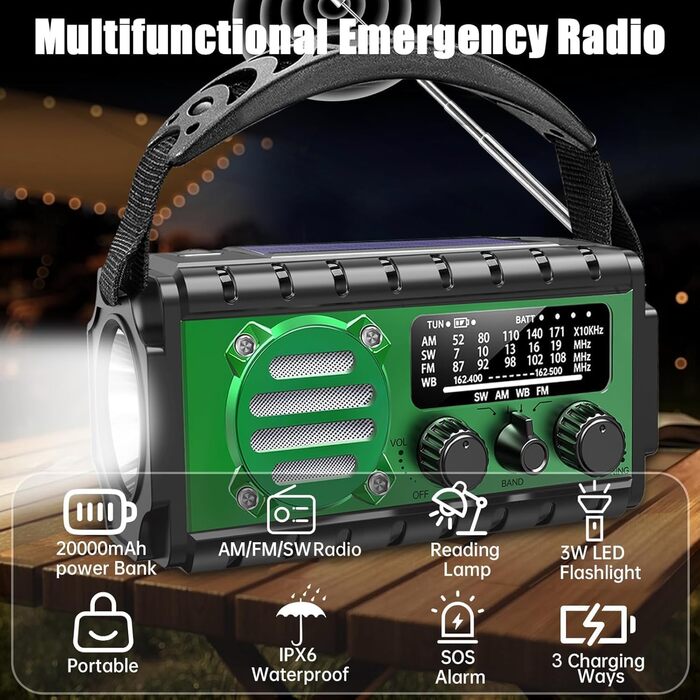 Радіо на сонячній батареї Solar Kurbelradio 20000mAh: FM/AM/SW, ліхтарик, зарядка USB, SOS-сигнал, для кемпінгу та надзвичайних ситуацій (зелене)