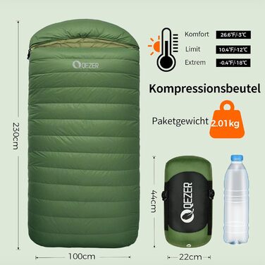 Спальний мішок XXL з пуху на 3-4 сезони, 230x100 см, для дорослих, кемпінг, походи, 3°C, чорний