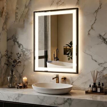 Дзеркало YOURLITE з підсвічуванням 70x50 см, LED дзеркало для ванної кімнати з годинником, сенсорне керування, 3 кольори світла, регулювання яскравості, антизапар, пам'ять, срібний (чорний-5070)