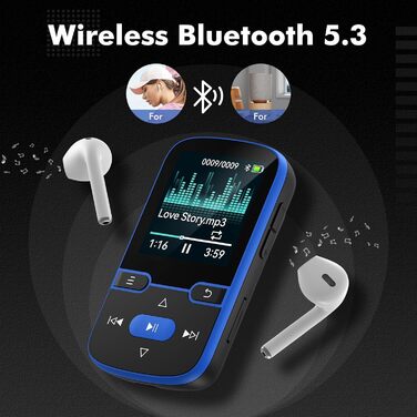 MP3 плеєр Bluetooth 5.3 з кліпсою, HiFi плеєр для спорту та дітей, 64GB, FM-радіо, диктофон, крокомір, екран 1.5