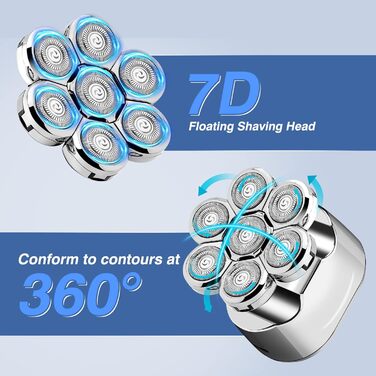Електричний голкострум для голивної голови Glatzen Rasierer: 7D плаваюча головка, ротаційний голкострум 6-в-1, вологостійкий, для догляду за обличчям (сріблястий)
