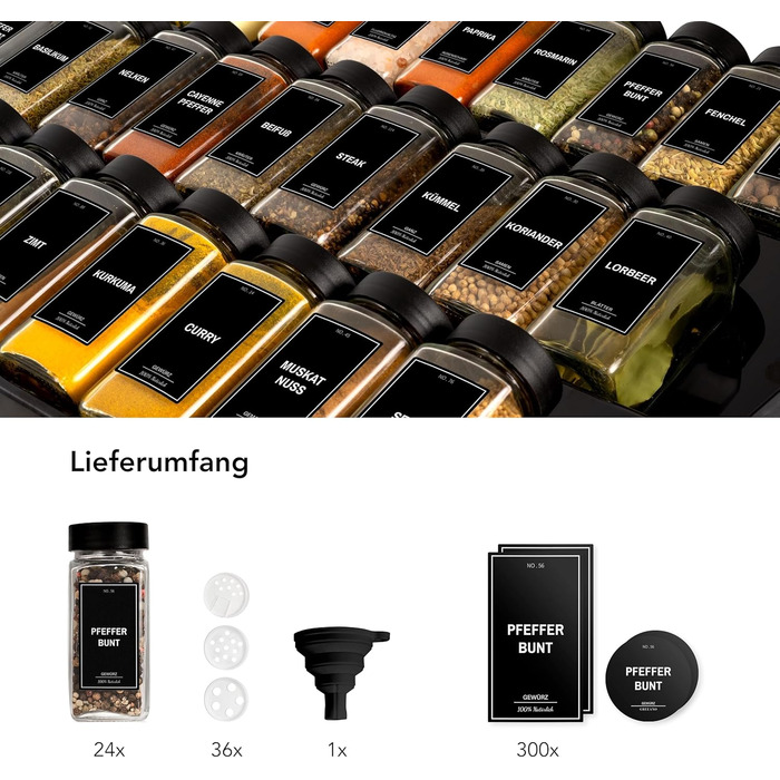 Spice Jar Set [24 x 120ml] with 300 Spice Labels [DE] - Spice Storage with Shaker Insert - Glass Spice Jars - Glass Spice Containers - Spice Organizer - Spice Jars Obsidian