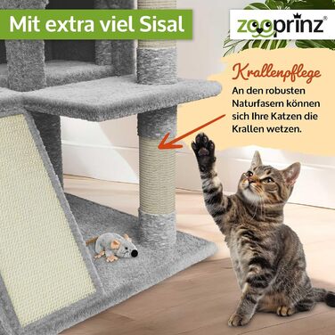 Преміум кігтеточка Zooprinz – велика XXL кігтеточка для котів, з товстими сизалевими стовпами, будиночком, гамаком, м'ячиками та мотузкою. З іграшкою-мишкою. Когтеточка (світло-сіра)