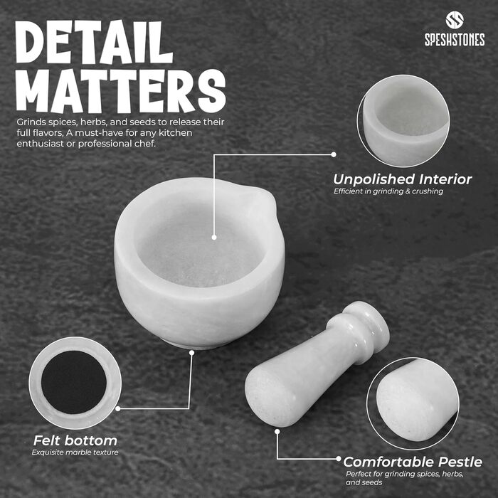 Набір ступки та пестика з мармуру, 7,6 см, ручної роботи, для кухні та декору, подрібнювач спецій та трав (білий)
