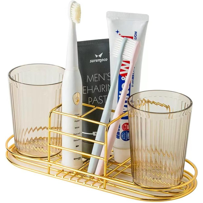 Toothbrush holder with cup, holder for electric toothbrush, toothpaste, stainless steel, bathroom stand or wall mount, with 2 cups (Gold)