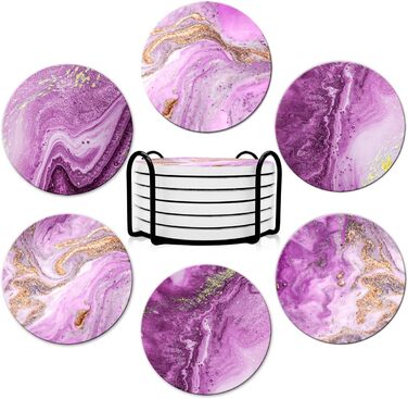 Drink coasters, round, absorbent ceramic stone coasters with cork base, funny turquoise marble drinks (Purple)