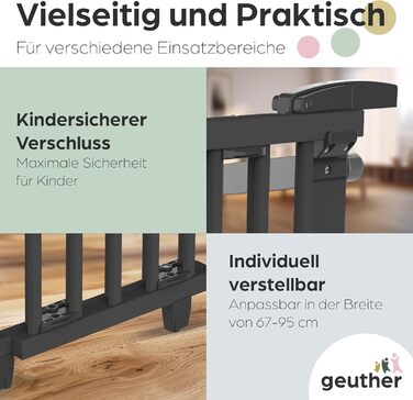 Безпечне ворота Geuther Oris для дитячого захисту на сходах | Дерев'яне ворота з дверцятами, ширина 67-95 см, чорний колір, з кріпленнями для поручнів