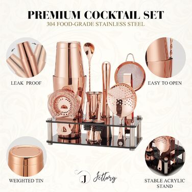 Набір шейкерів Boston - 16 предметів, нержавіюча сталь, рожеве золото, з акриловою основою, сито, щипці для льоду, барна ложка, мірний стакан, мадлер, виливач для пляшок та коктейльні шпажки