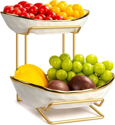 MEESOGA Багатоярусна фруктова тарілка з кераміки на 2 яруси - порцелянова фруктова тарілка з металевим підставкою для кухні. Підходить для фруктів, овочів, закусок та солодощів.