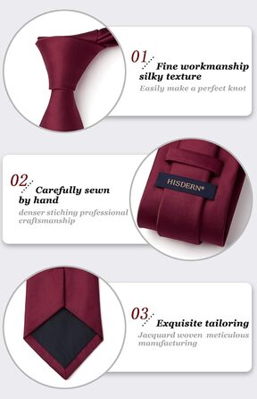 Чоловіча краватка та нагрудний хустинка HISDERN для весілля, бордово-білий, з запонками