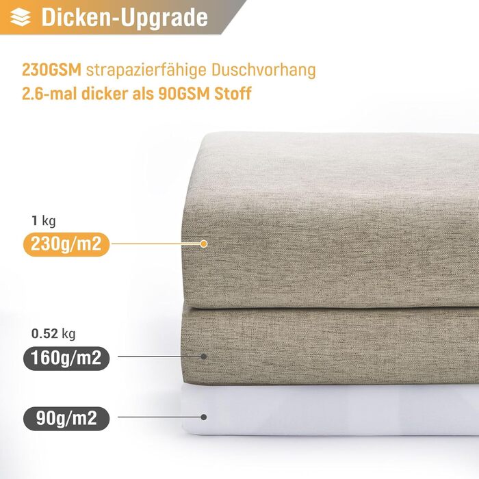 Тканинна шторка для душу BTTN, 180x200 см, льонова текстура, антигрибкова, пральна, текстильна, з 12 гачками, сучасна, водонепроникна, з обтяжувачем, декор з поліестеру, кремовий (хакі, однотонна, H200 x B180 см (1 шт))