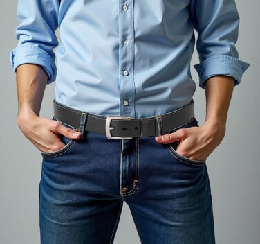 Чоловічий шкіряний ремінь: класичний джинсовий ремінь для чоловіків | З подарунковою коробкою, чорний колір, розмір L (105 см)