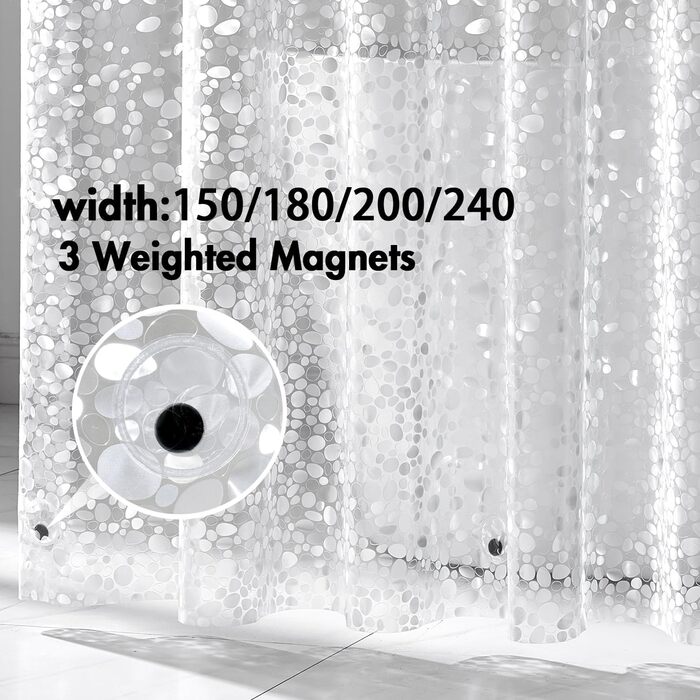 Штора для ванної MIULEE 180x180 см, прозора з 3D камінням, антигрибкова, з магнітами та кільцями (1 шт)