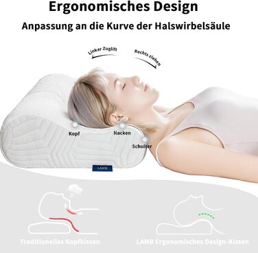 Ергономічна подушка для шиї та голови LAMB з ефектом пам'яті (Memory Foam), регульована висота, для сну на боці, з мийним чохлом, 50x36x10/8 см, біла