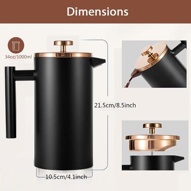Кавоварка French Press Worbic, 1000 мл, з подвійними стінками, нержавіюча сталь, 3-рівнева фільтрація, для дому, кемпінгу та офісу