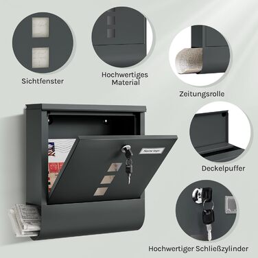 Поштовий ящик WOLTU з газетницею та вікном, замок, табличка для імені, вуличний, антрацит 37x37x10.5 см