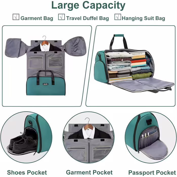 Garment bag with shoe compartment, convertible garment bag for men and women, 2-in-1 hanging, suitcase, suit, weekend, duffel bag, green, travel garment bag
