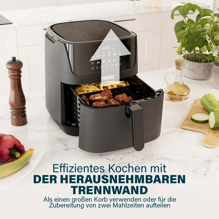 Princess Digital Hot Air Fryer – 6.5 L – with removable divider – 60 percent less energy consumption – Digital touchscreen – 12 programs – Oil-free – Black – 182061 REGULAR 6.5L
