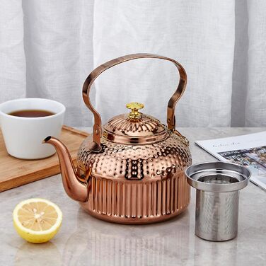 SANQIAHOME® 1.4 Liter Stainless Steel Teapot with Infuser, with Tea Strainer Handle, Induction Compatible - (Copper Color, 1500ml)