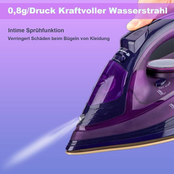 Пароочищувач бездротовий 2400W з керамічною підошвою, функцією вертикального прасування, антикальк, самоочищення та резервуаром для води (фіолетовий)