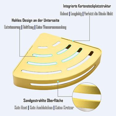 Поличка для душу без свердління, кутова поличка для ванної кімнати з алюмінію Space, трикутна корзина для душу з гачками, органайзер для шампуню, антикорозійна (2 шт., піскоструминне золоте покриття)