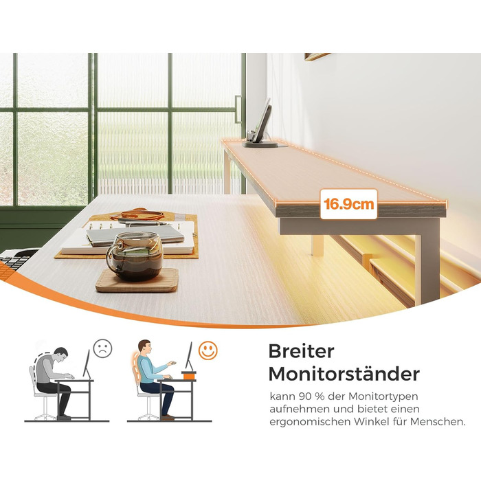 Ігровий стіл Coleshome з LED підсвічуванням, білий, 140x48 см. Стіл для комп'ютера з тканиними ящиками, 2 розетками та 2 USB-портами, з підставкою для монітора. Підходить для дому та офісу.