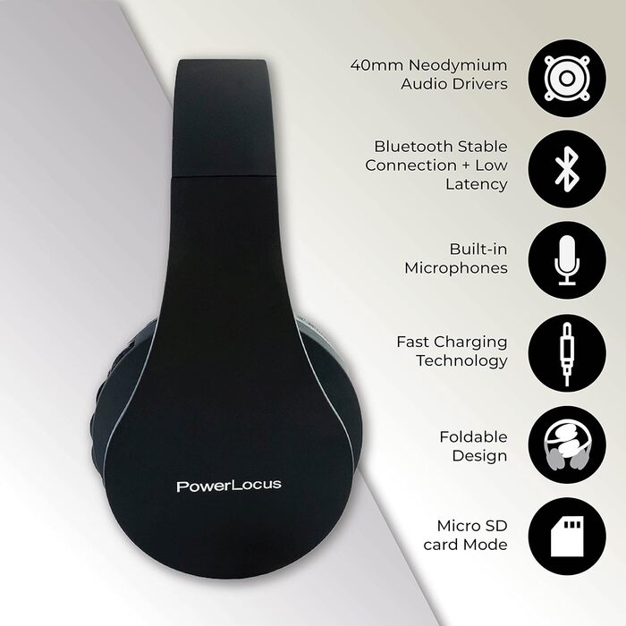 Бездротові навушники PowerLocus Over-Ear з Bluetooth, HiFi стерео, FM радіо та Micro SD/TF слотом (Чорний)