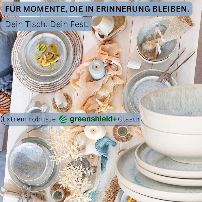 SÄNGER | Santorini Tableware Set, 24-Piece, Dinnerware Set for 8 People, Stoneware Dinner Set, Tableware Service including Dinner Plates, Dessert Plates & Deep Plates, Cream-Colored Dishware with Lavender Blue Gradient, Santorini Tableware Set 24-Piece.