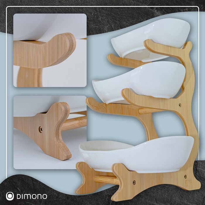 Dimono® Етажерка для сервірування: 3-ярусна етажерка для подачі їжі з керамічних мисок та бамбукового підставки. Ідеально для десертів, фруктів, овочів та солодощів.