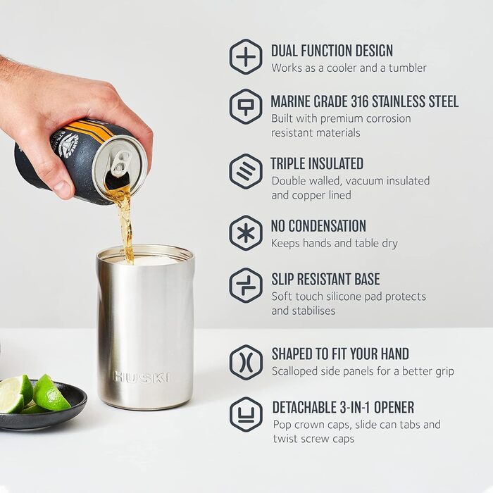 Охолоджувач для напоїв Huski Bierkühler 2.0 | Преміум тримач для банок та пляшок | З нержавіючої сталі Marine Quality | Знімний 3-в-1 відкривач | Функціонує як Tumbler | Подарунок (Нержавіюча сталь) | Підходить для 330ml, 355ml/12oz та 375ml