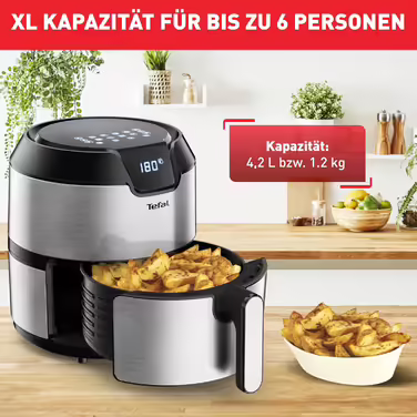 Tefal EY401D Hot Air Fryer Easy Fry Deluxe XL | Air Fryer | 1500 W | 4.2 L for 6 servings | 8 automatic programs | Digital display | energy-saving | healthy fryer without oil | stainless steel