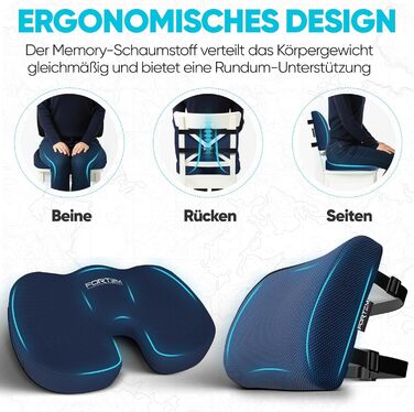 Подушка для сидіння та попереку FORTEM XL для офісного крісла, авто, геймінгу. М'який Memory Foam, підтримка попереку, антиковзаюча підкладка. Великий розмір (синій сітчастий матеріал)