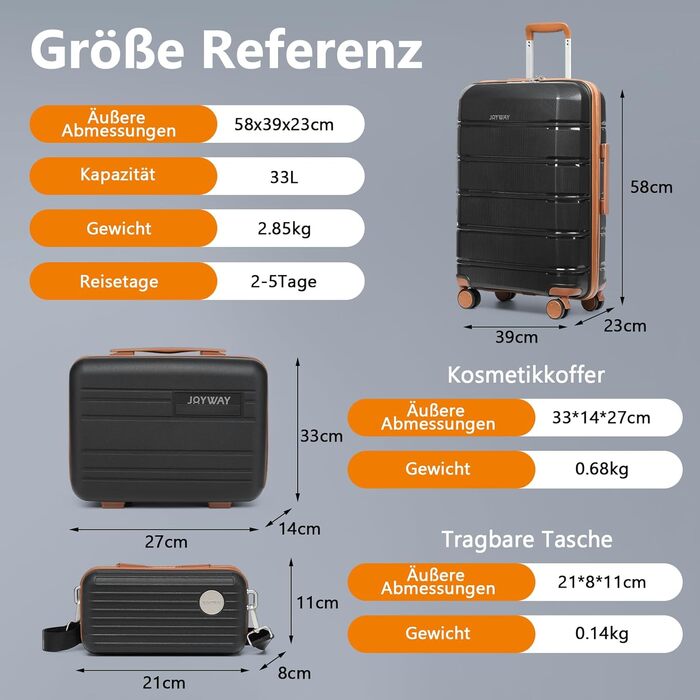 Набір валіз Joyway 5шт з жорстким корпусом, 4 колеса та TSA-замок. Включає косметичку та сумку. Білий/коричневий (Чорний/коричневий, ручна валіза 3шт)