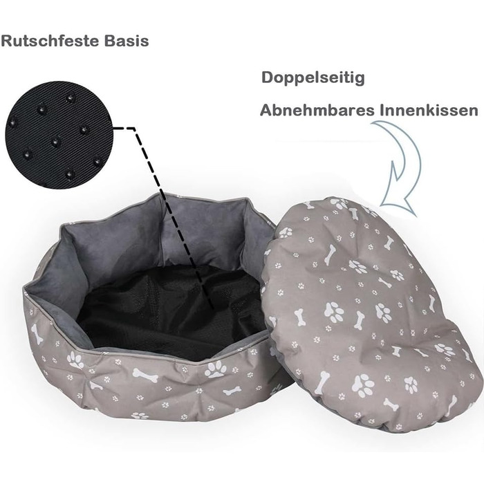 Квіткове ліжко для котів Mucola, Ø60 см, з двостороннім внутрішнім подушечкою, антиковзаюче, водовідштовхувальне, сіре. Підходить для котів та маленьких собак.