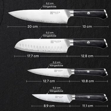 Набір кухонних ножів PAUDIN 4 шт: кухонний ніж, саторі, універсальний ніж, ніж для овочів. Професійний, гострий, з нержавіючої сталі 10Cr15CoMoV (твердість 62 HRC), з ергономічною дерев'яною ручкою