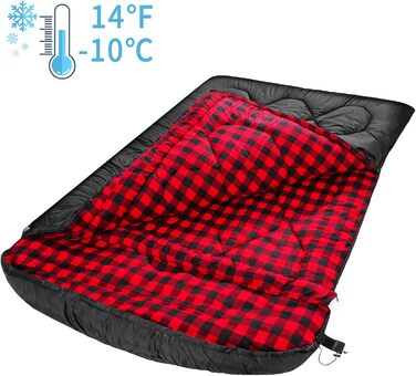 Спальний мішок Mcota Winter 0°C, Queen-Size, для 2 осіб, з бавовняним фланнелевим підкладкою, теплий та водонепроникний, для кемпінгу, риболовлі та полювання в холодну погоду, червоний