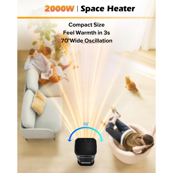 Електричний обігрівач PTC 2000W з термостатом, дистанційним керуванням, таймером та захистом від перегріву. Обігрівач для дому, офісу, спальні.