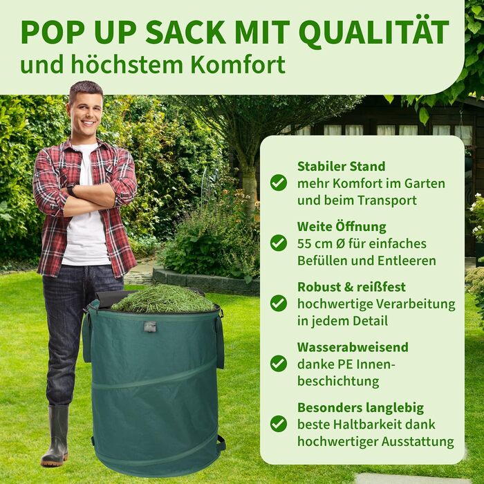 TTL Garden Комплект з 3 садових мішків 160 л з кришкою, 220 г/м², 600D Оксфорд, складаний, для листя та садових відходів, міцний